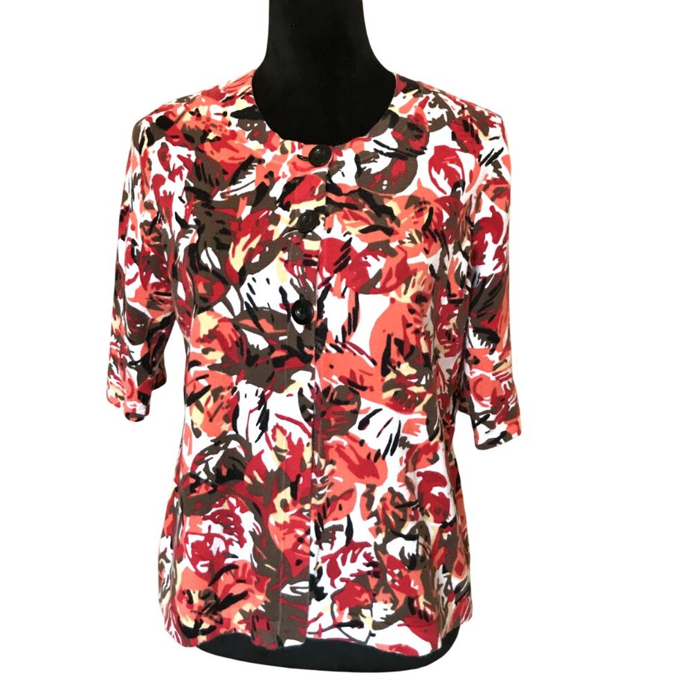 Floral Cardigan 3 Button Top Closure Mercer Street Studio, Red Orange Brown Sz L